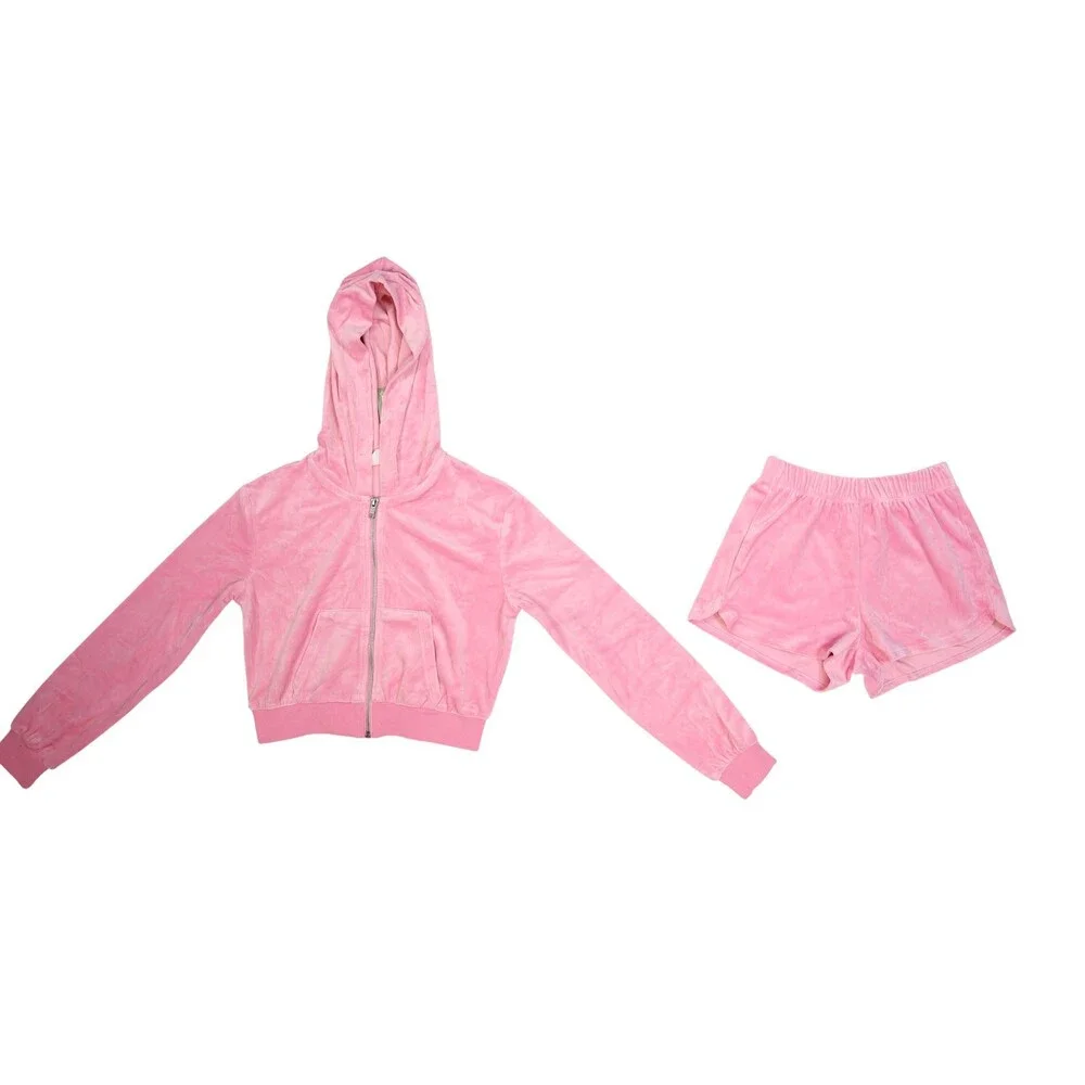 H&M Shorts Set Girls 12 Pink Velour Hoodie Zip Up 2 Piece Lounge Outfit